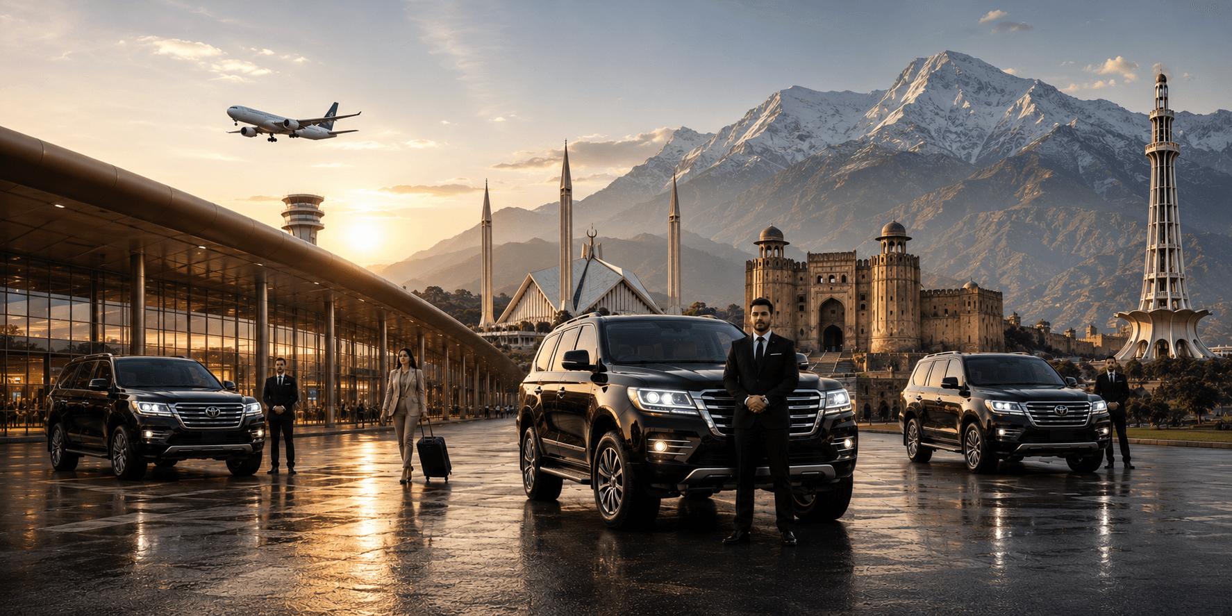 Professional chauffeurs standing beside luxury vehicles at a Belgian airport