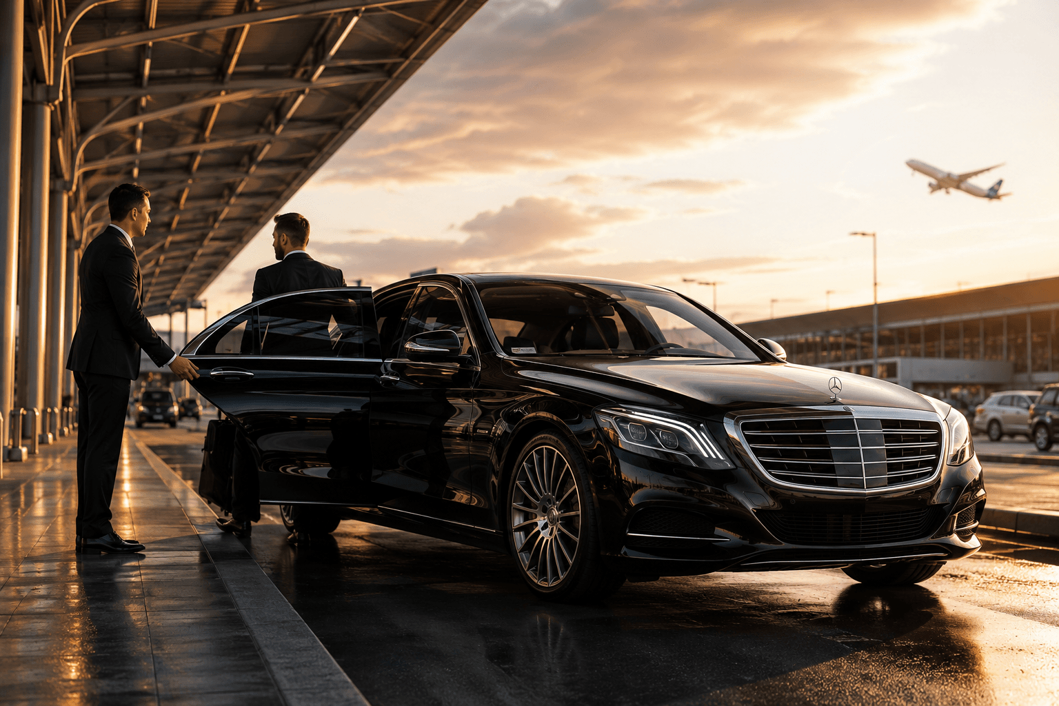 Chauffeur professionnel et van Mercedes-Benz pour le transport d'équipages aériens à Brussels Airport Zaventem